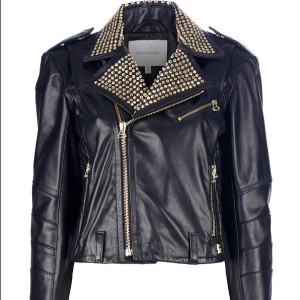 Pierre Balmain Black Leather Gold Studded Jacket